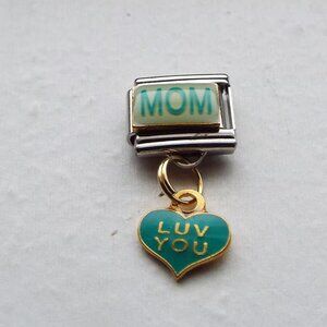 Mom Luv you green heart dangle 9mm stainless steel italian charm bracelet link